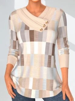 Women's T Shirt Tee Khaki Plaid Button Print Long Sleeve Daily Weekend Fashion V Neck Regular Fit Painting Spring &Fall