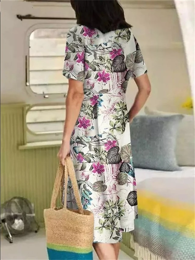 Women's Casual Dress Cotton Linen Dress Swing Dress Midi Dress Cotton Blend Basic Casual Outdoor Daily Vacation V Neck Pocket Print Short Sleeve Summer Spring 2023 Loose Fit Yellow Navy Blue Purple 6 Women's Casual Dress Cotton Linen Dress Swing Dress Midi Dress Cotton Blend Basic Casual Outdoor Daily Vacation V Neck Pocket Print Short Sleeve Summer Spring 2023 Loose Fit Yellow Navy Blue Purple - Image 6