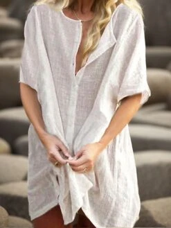 Women's Casual Dress Shirt Dress Cotton Linen Dress Mini Dress Blue Purple Pink Short Sleeve Pure Color Spring Summer V Neck Beach Basic Daily Weekend Loose Fit Linen S M L XL XXL 3XL -Cheap Plus Fit Dress Store bguucj1687343476179