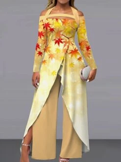 Women's Jumpsuit Print Floral Off Shoulder Elegant Wedding Party Wide Leg Regular Fit Long Sleeve White Light Brown Orange S M L All Seasons