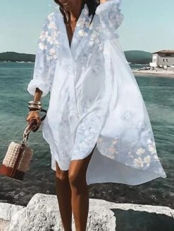 Women's Shirt Dress Casual Dress Swing Dress Mini Dress Outdoor Daily Vacation Polyester Fashion Casual Shirt Collar Button Print Long Sleeve Summer Spring Fall 2023 Loose Fit White Blue Floral S M L