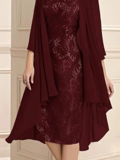 Women's Two Piece Dress Set Party Dress Lace Dress Party Outdoor Fashion Streetwear Lace Patchwork Midi Dress V Neck 3/4 Length Sleeve Plain Regular Fit Wine Fall Winter S M L XL XXL -Cheap Plus Fit Dress Store bhtfiz1697016768747
