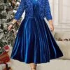 Women's Plus Size Two Piece Dress Set Velvet Dress Party Dress Party Wedding Guest Fashion Elegant Sequin Long Dress Maxi Dress V Neck 3/4 Length Sleeve Plain Regular Fit Blue Fall Winter L XL XXL