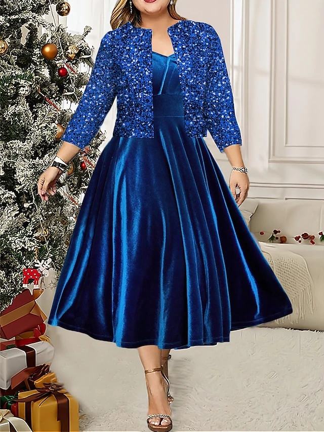 Women's Plus Size Two Piece Dress Set Velvet Dress Party Dress Party Wedding Guest Fashion Elegant Sequin Long Dress Maxi Dress V Neck 3/4 Length Sleeve Plain Regular Fit Blue Fall Winter L XL XXL 1 Women's Plus Size Two Piece Dress Set Velvet Dress Party Dress Party Wedding Guest Fashion Elegant Sequin Long Dress Maxi Dress V Neck 3/4 Length Sleeve Plain Regular Fit Blue Fall Winter L XL XXL