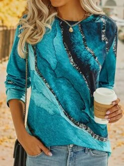 Women's T Shirt Tee Blue Graphic Abstract Print Long Sleeve Daily Weekend Fashion Round Neck Regular Fit Painting Spring &Fall