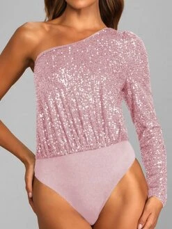 Women's Bodysuit Sequin Solid Color One Shoulder Streetwear Party Street Slim Long Sleeve Black White Pink S M L Fall -Cheap Plus Fit Dress Store bhxtsu1697184639579