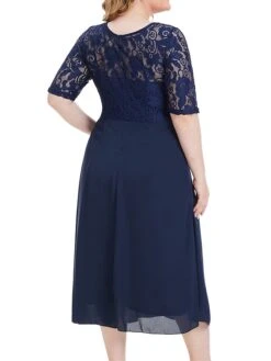 Women's Plus Size Party Dress Lace Dress Cocktail Dress Midi Dress Dark Blue Half Sleeve Pure Color Lace Fall Winter Autumn Crew Neck Fashion Winter Dress Wedding Guest Vacation 2023 XL XXL 3XL 4XL -Cheap Plus Fit Dress Store bhytei1693296917881