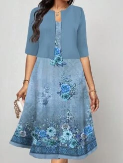 Women's Two Piece Dress Set Casual Dress Print Dress Outdoor Daily Fashion Elegant Print Midi Dress V Neck Half Sleeve Floral Regular Fit Blue Fuchsia Green Fall Winter S M L XL XXL