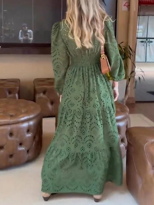 Women's Casual Dress Cotton Linen Dress Swing Dress Maxi Long Dress Linen / Cotton Blend Fashion Modern Outdoor Daily Vacation V Neck Ruffle Eyelet Long Sleeve Spring Fall Autumn 2023 Loose Fit Green 2 Women's Casual Dress Cotton Linen Dress Swing Dress Maxi Long Dress Linen / Cotton Blend Fashion Modern Outdoor Daily Vacation V Neck Ruffle Eyelet Long Sleeve Spring Fall Autumn 2023 Loose Fit Green - Image 2