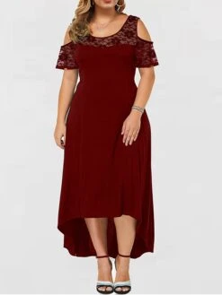 Women‘s Plus Size Curve Party Dress Lace Dress Wedding Guest Dress Black Dress Long Dress Maxi Dress Wine Blue Short Sleeve Pure Color Lace Summer Spring Fall Crew Neck Fashion Birthday Vacation -Cheap Plus Fit Dress Store bipsnh1691044194295