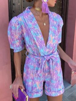 Women's Romper Lace Up Pocket Print V Neck Streetwear Street Daily Regular Fit Half Sleeve Red Purple S M L Summer