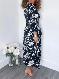 Women's Shirt Dress Casual Dress Midi Dress Outdoor Daily Vacation Polyester Fashion Modern Shirt Collar Button Pocket 3/4 Length Sleeve Summer Spring Fall 2023 Regular Fit Navy Blue Green Leaf Floral -Cheap Plus Fit Dress Store bjccad1689744473652