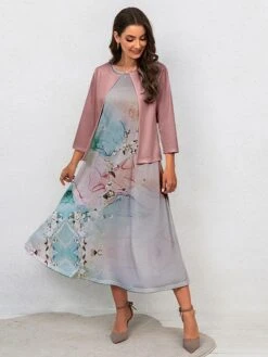 Women's Two Piece Dress Set Casual Dress Swing Dress Outdoor Office Fashion Streetwear Print Midi Dress Crew Neck 3/4 Length Sleeve Floral Ombre Regular Fit Pink Blue Purple Fall Winter S M L XL XXL -Cheap Plus Fit Dress Store bjihrp1697681156246