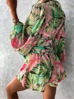 Women's Romper Print Floral V Neck Casual Street Daily Regular Fit Long Sleeve Green Blue Pink S M L Fall