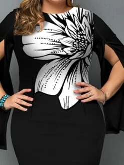 Women's Plus Size Curve Party Dress Winter Dress Bodycon Floral Midi Dress Long Sleeve Crew Neck Fashion Party Black Fall Winter XL XXL 3XL 4XL 5XL -Cheap Plus Fit Dress Store bjvnjp1695023321295