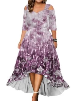 Women‘s Plus Size Curve Party Dress Wedding Guest Dress Swing Dress Long Dress Maxi Dress Blue Light Purple Purple 3/4 Length Sleeve Floral Cold Shoulder Summer Spring Fall V Neck Fashion Birthday -Cheap Plus Fit Dress Store bkamti1690428398769