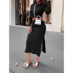 Women's Two Piece Dress Set Casual Dress Sweater Dress Outdoor Daily Fashion Streetwear Split Midi Dress Crew Neck Long Sleeve Plain Regular Fit Black White Orange Fall Winter S M L XL XXL -Cheap Plus Fit Dress Store bkxbvd1695635371156