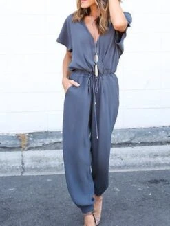 Black Jumpsuit For Women Lace Up Patch PocketSolid Color V Neck Streetwear Daily Vacation Loose Fit Short Sleeve Wine Blue S M L Spring -Cheap Plus Fit Dress Store bkxrhd1676363685889