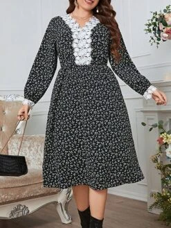 Women's Plus Size Curve Party Dress Wedding Guest Dress Black Dress Midi Dress Black Long Sleeve Flower Patchwork Spring Fall Winter V Neck Fashion Winter Dress Evening Party Wedding Guest XL XXL 3XL
