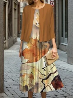 Women's Two Piece Dress Set Casual Dress Swing Dress Outdoor Office Fashion Streetwear Print Midi Dress Crew Neck 3/4 Length Sleeve Leaf Regular Fit Navy Blue Brown Khaki Fall Winter S M L XL XXL
