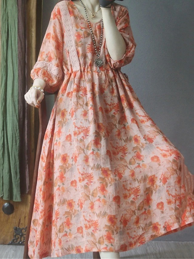 Women's Casual Dress Cotton Linen Dress Swing Dress Midi Dress Polyester Daily Casual Outdoor Daily Vacation Crew Neck Print 3/4 Length Sleeve Fall Autumn 2023 Loose Fit Orange Floral M L XL 2XL 7 Women's Casual Dress Cotton Linen Dress Swing Dress Midi Dress Polyester Daily Casual Outdoor Daily Vacation Crew Neck Print 3/4 Length Sleeve Fall Autumn 2023 Loose Fit Orange Floral M L XL 2XL - Image 7