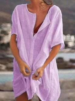 Women's Casual Dress Shirt Dress Cotton Linen Dress Mini Dress Blue Purple Pink Short Sleeve Pure Color Spring Summer V Neck Beach Basic Daily Weekend Loose Fit Linen S M L XL XXL 3XL -Cheap Plus Fit Dress Store blxuuw1639988517910