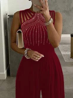 Jumpsuits For Women Dressy Beaded Solid Color Sequin Crew Neck Elegant Xmas Party Evening Christmas Prom Wide Leg Regular Fit Sleeveless Blue Black Wine S M LFall Summer -Cheap Plus Fit Dress Store bmbsdd1643094603255