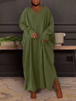 Women‘s Plus Size Casual Dress Caftan Dress Solid Color V Neck Long Sleeve Winter Fall Basic Casual Maxi Long Dress Daily Vacation Dress -Cheap Plus Fit Dress Store bmgbpq1668570125226