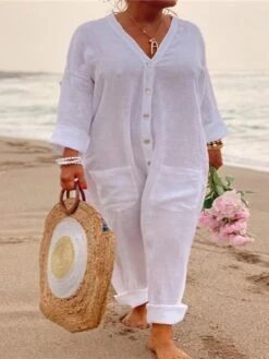 Women's Jumpsuit Pocket Solid Color V Neck Streetwear Daily Vacation Regular Fit Long Sleeve White S M L Spring