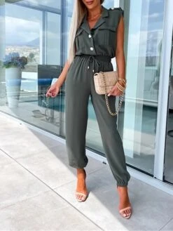 Women's Jumpsuit Button Pocket Solid Color Shirt Collar Streetwear Street Daily Regular Fit Short Sleeve Black White Green S M L Summer -Cheap Plus Fit Dress Store bmlara1688455470846