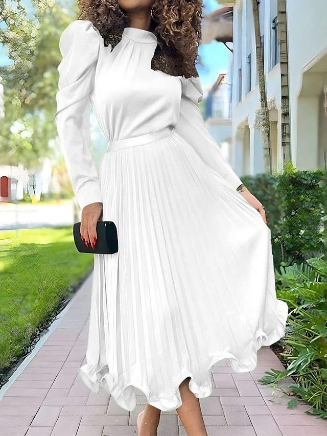 Women's Two Piece Dress Set Party Dress Skirt Set Party Wedding Guest Fashion Party Pleated Ruffle Midi Dress Stand Collar Long Sleeve Plain Loose Fit White Yellow Red Fall Winter S M L XL XXL 3 Women's Two Piece Dress Set Party Dress Skirt Set Party Wedding Guest Fashion Party Pleated Ruffle Midi Dress Stand Collar Long Sleeve Plain Loose Fit White Yellow Red Fall Winter S M L XL XXL - Image 3