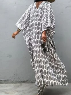 Women's Casual Dress Cotton Linen Dress A Line Dress Maxi Long Dress Polyester Fashion Casual Outdoor Daily Vacation V Neck Print 3/4 Length Sleeve Spring Fall Winter 2023 Loose Fit White Leaf -Cheap Plus Fit Dress Store bmrkkg1692266336684