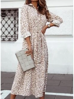 Women's Sheath Dress Midi Dress Black Yellow Light Brown Long Sleeve Polka Dot Split Winter Fall Autumn Shirt Collar Winter Dress Fall Dress Loose Fit S M L XL XXL -Cheap Plus Fit Dress Store bmvvyd1616744411346