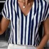 Women's Shirt Blouse Black Blue Green Striped Print Short Sleeve Casual Basic V Neck Regular Fit