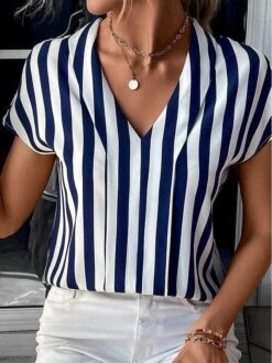 Women's Shirt Blouse Black Blue Green Striped Print Short Sleeve Casual Basic V Neck Regular Fit