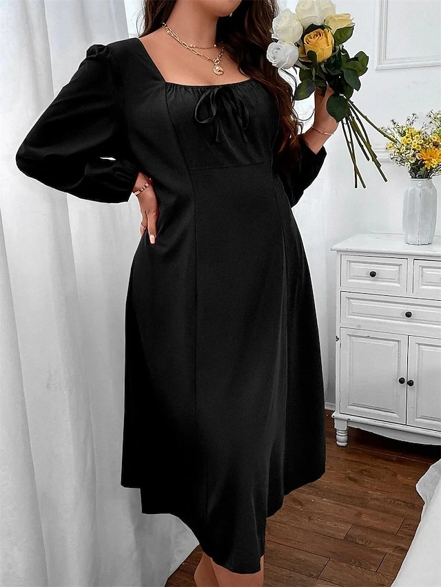 Women‘s Plus Size Curve Party Dress Cocktail Dress Wedding Guest Dress Black Dress Midi Dress Long Sleeve Pure Color Ruched Spring Fall Winter Square Neck Fashion Birthday Wedding Guest Vacation 7 Women‘s Plus Size Curve Party Dress Cocktail Dress Wedding Guest Dress Black Dress Midi Dress Long Sleeve Pure Color Ruched Spring Fall Winter Square Neck Fashion Birthday Wedding Guest Vacation - Image 7