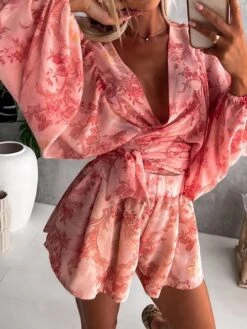 Women's Romper Print Floral V Neck Streetwear Street Going Out Regular Fit Long Sleeve Pink Red Blue S M L Summer 24 Women's Romper Print Floral V Neck Streetwear Street Going Out Regular Fit Long Sleeve Pink Red Blue S M L Summer -Cheap Plus Fit Dress Store bnkjdp1681877078937