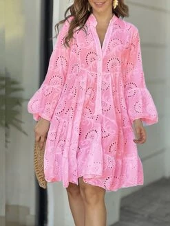 Women's Shirt Dress Casual Dress Mini Dress Outdoor Daily Date Cotton Basic Classic V Neck Button Long Sleeve Spring Fall Winter 2023 Loose Fit Yellow Pink Red Pure Color S M L XL 2XL -Cheap Plus Fit Dress Store bnlufj1694576758249