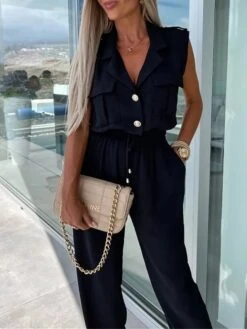 Women's Jumpsuit Button Pocket Solid Color Shirt Collar Streetwear Street Daily Regular Fit Short Sleeve Black White Green S M L Summer -Cheap Plus Fit Dress Store bosnjl1688455481090