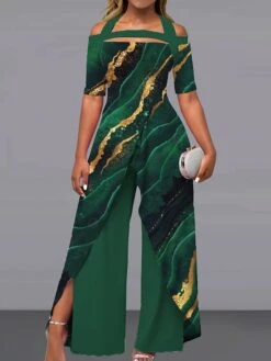 Jumpsuits For Special Occasions Patchwork Split Marbling Off Shoulder Active Wedding Going Out Wide Leg Loose Fit Short Sleeve Cold Shoulder Green Apricot Gray S M L Summer