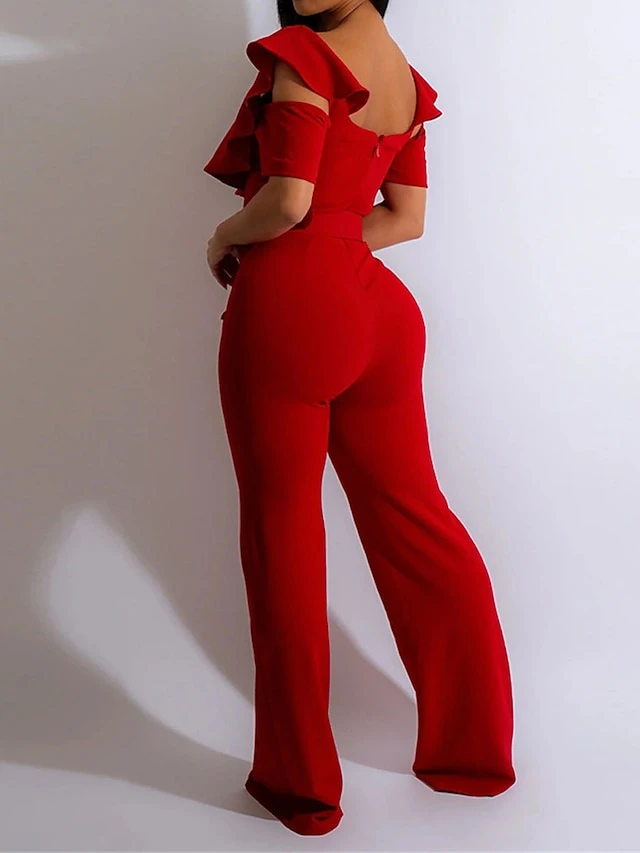 Women's Jumpsuit Ruffle High Waist Solid Color Off Shoulder Elegant Wedding Party Regular Fit Short Sleeve Black Red Blue S M L Fall 3 Women's Jumpsuit Ruffle High Waist Solid Color Off Shoulder Elegant Wedding Party Regular Fit Short Sleeve Black Red Blue S M L Fall - Image 3