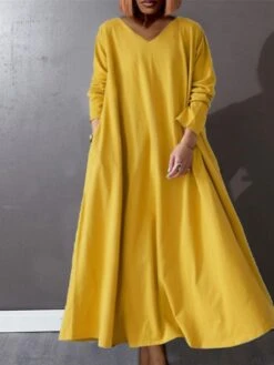 Women‘s Plus Size Curve Casual Dress Pure Color V Neck Long Sleeve Winter Fall Basic Casual Maxi Long Dress Daily Vacation Dress -Cheap Plus Fit Dress Store bphtmf1668155113877