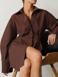 Women's Shirt Dress Casual Dress Mini Dress Outdoor Daily Date Polyester Fashion Basic Shirt Collar Button Long Sleeve Fall Winter 2023 Regular Fit Black White Brown Pure Color S M L -Cheap Plus Fit Dress Store bpjsrd1695644826437