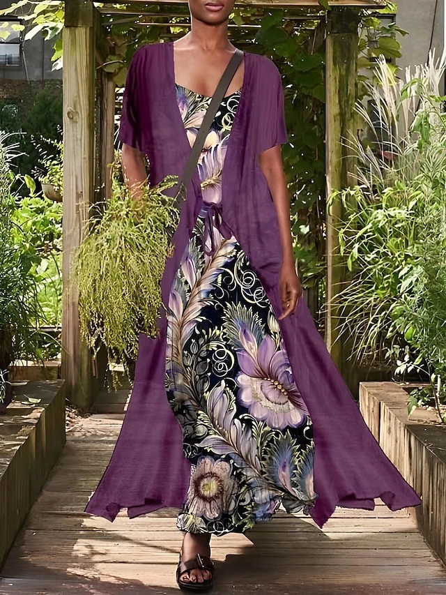 Women's Dress Set Two Piece Dress A Line Dress Long Dress Maxi Dress Blue Purple Short Sleeve Floral Ruched Summer Spring Crew Neck Elegant 2023 S M L XL XXL 3XL 4XL 5XL 2 Women's Dress Set Two Piece Dress A Line Dress Long Dress Maxi Dress Blue Purple Short Sleeve Floral Ruched Summer Spring Crew Neck Elegant 2023 S M L XL XXL 3XL 4XL 5XL - Image 2