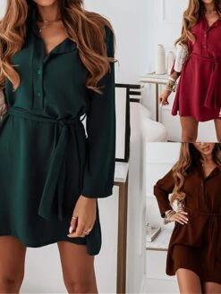 Women's Shirt Dress Casual Dress Mini Dress Outdoor Daily Date Cotton Fashion Modern Shirt Collar Lace Up Button Long Sleeve Fall Winter 2023 Loose Fit Wine Brown Green Plain S M L XL 2XL -Cheap Plus Fit Dress Store bpqlrl1694427908648