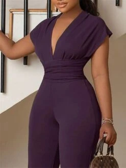 Women's Jumpsuit High Waist Print Solid Color V Neck Streetwear Wedding Party Regular Fit Short Sleeve Black Blue Purple S M L Summer -Cheap Plus Fit Dress Store bpuipt1679396967509