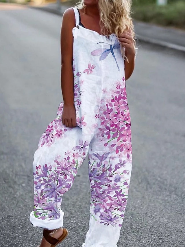 Women's Overall Print Floral Square Neck Casual Daily Vacation Harem Loose Fit Sleeveless White Yellow Light Green S M L Summer 3 Women's Overall Print Floral Square Neck Casual Daily Vacation Harem Loose Fit Sleeveless White Yellow Light Green S M L Summer - Image 3