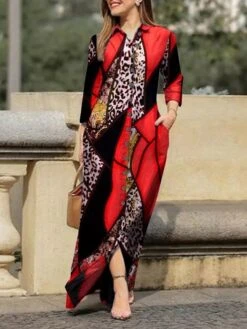 Women's Shirt Dress A Line Dress Maxi Long Dress Winter Dress Daily Holiday Polyester Elegant Modern Shirt Collar Patchwork Embroidered Long Sleeve Summer Spring Fall 2023 Regular Fit Yellow Red Green -Cheap Plus Fit Dress Store bqahsd1660111455344