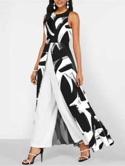 Jumpsuits For Women Dressy Overlay Split Print Solid Color Crew Neck Streetwear Office Work Regular Fit Sleeveless Black White Wine S M L Summer Fall -Cheap Plus Fit Dress Store bqdrii1679970198642