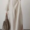 Women's Casual Dress Cotton Linen Dress Maxi Long Dress Linen / Cotton Blend Basic Classic Outdoor Daily Vacation Crew Neck Pocket Split 3/4 Length Sleeve Spring Fall Autumn 2023 Loose Fit Red Apricot